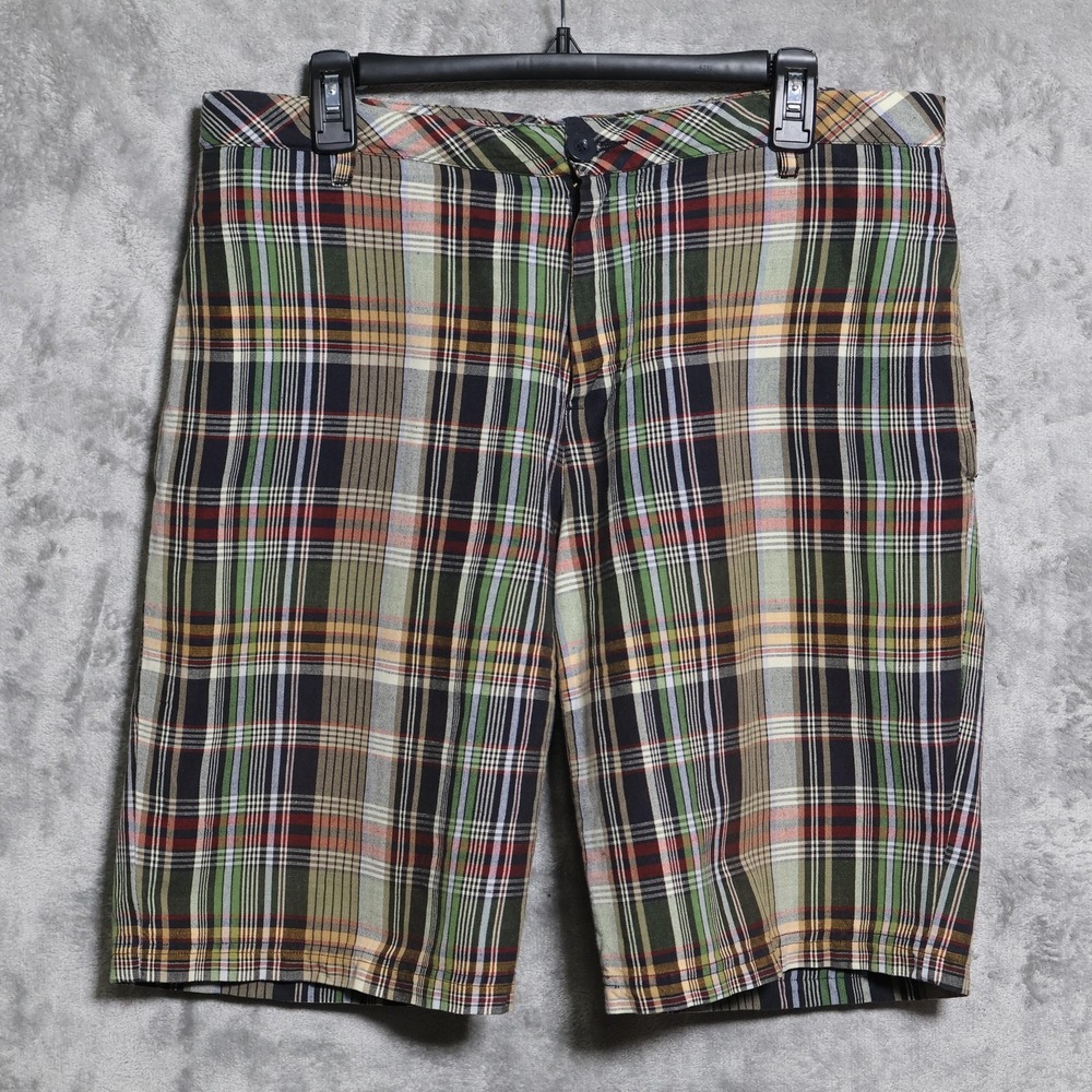 Canterbury Of New Zealand Shorts Mens 35 Green Beige Red Linen Plaid Bermuda